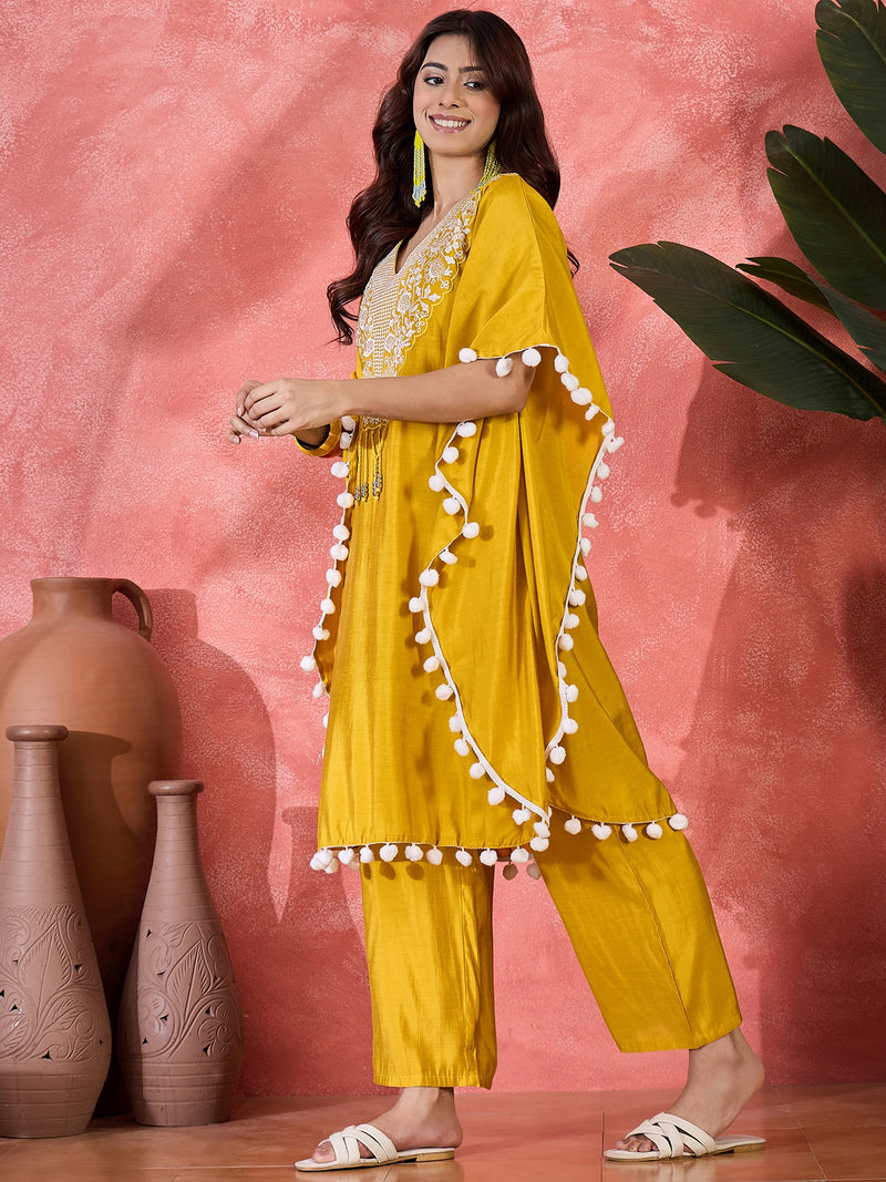 Yellow Embroidered V-Neck Mirror work Kaftan With Trousers
