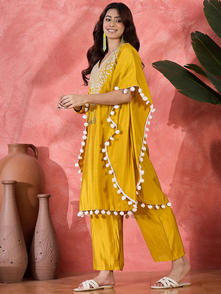 Yellow Embroidered V-Neck Mirror work Kaftan With Trousers
