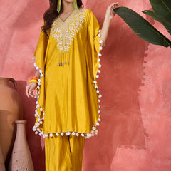 Yellow Embroidered V-Neck Mirror work Kaftan With Trousers