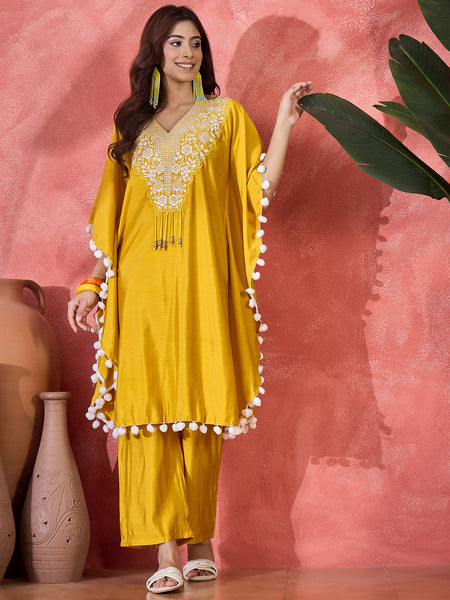 Yellow Embroidered V-Neck Mirror work Kaftan With Trousers