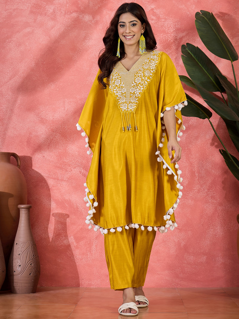 Yellow Embroidered V-Neck Mirror work Kaftan With Trousers