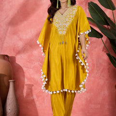 Yellow Embroidered V-Neck Mirror work Kaftan With Trousers
