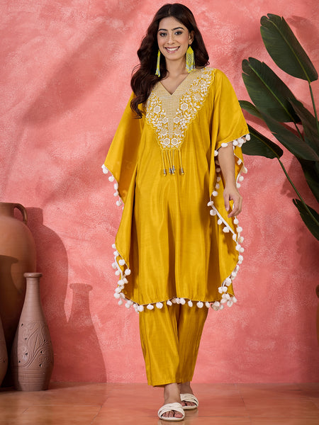 Yellow Embroidered V-Neck Mirror work Kaftan With Trousers