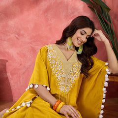 Yellow Embroidered V-Neck Mirror work Kaftan With Trousers
