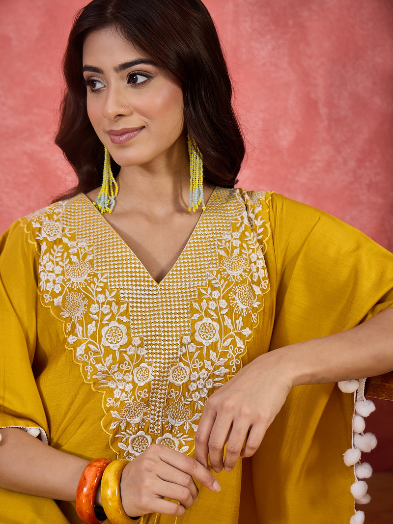 Yellow Embroidered V-Neck Mirror work Kaftan With Trousers