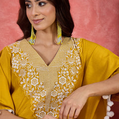 Yellow Embroidered V-Neck Mirror work Kaftan With Trousers