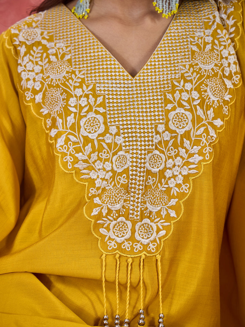 Yellow Embroidered V-Neck Mirror work Kaftan With Trousers