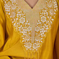 Yellow Embroidered V-Neck Mirror work Kaftan With Trousers