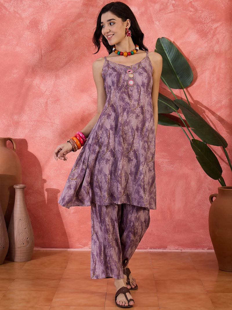 Purple Shoulder Straps Straight Kurta With Trousers