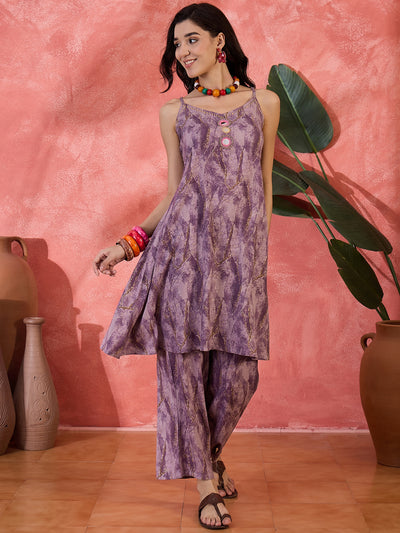 Purple Shoulder Straps Straight Kurta With Trousers