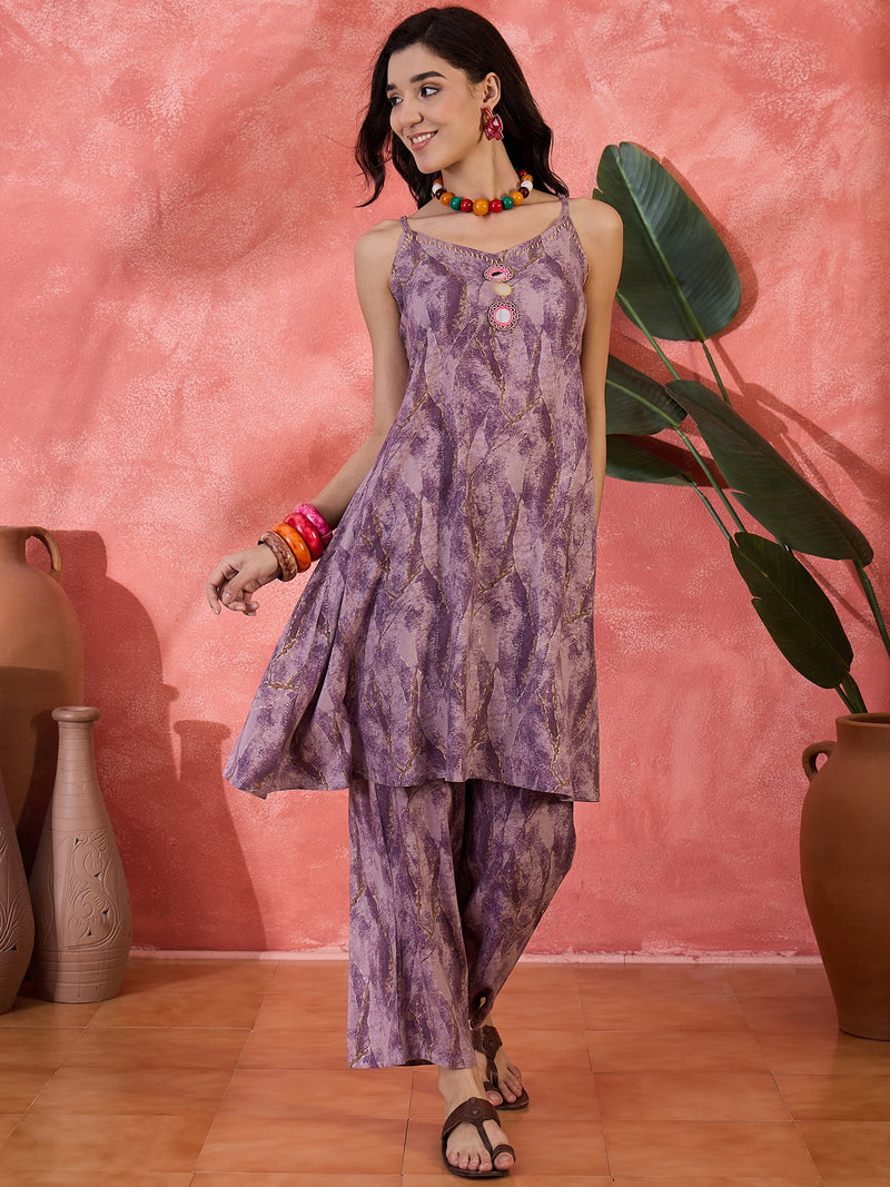 Purple Shoulder Straps Straight Kurta With Trousers