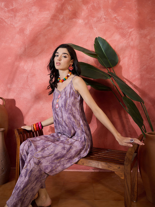 Purple Shoulder Straps Straight Kurta With Trousers