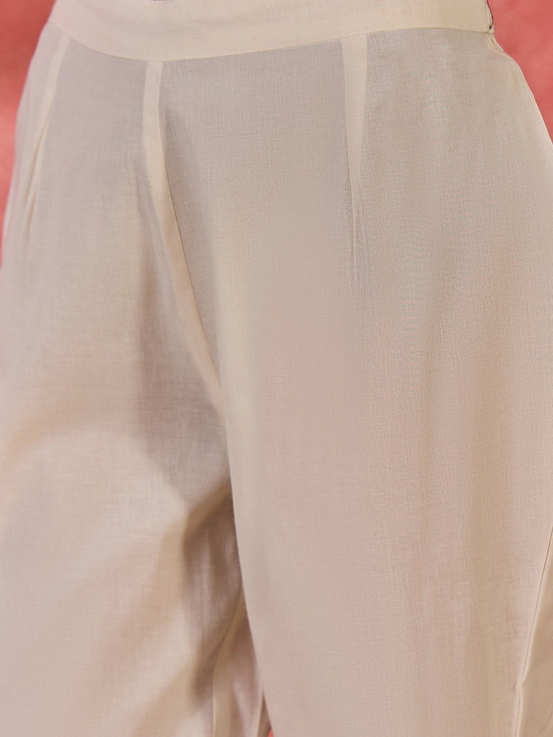 Off White Embroidered Pure Cotton Straight Kurta With Trouser & Dupatta