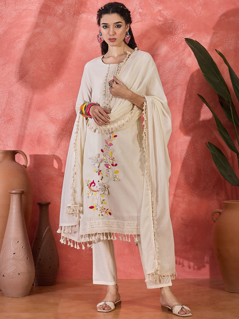 Off White Embroidered Pure Cotton Straight Kurta With Trouser & Dupatta