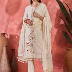 Off White Embroidered Pure Cotton Straight Kurta With Trouser & Dupatta