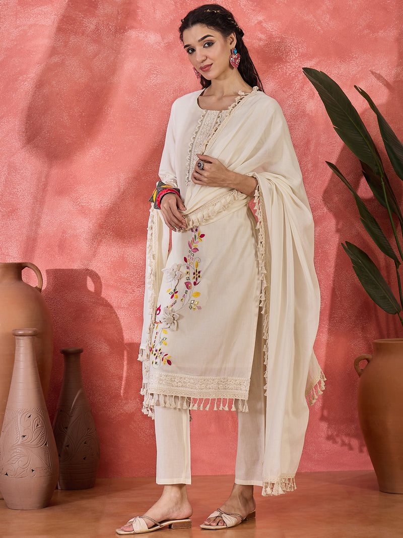 Off White Embroidered Pure Cotton Straight Kurta With Trouser & Dupatta