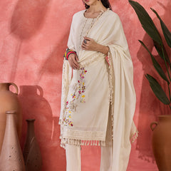 Off White Embroidered Pure Cotton Straight Kurta With Trouser & Dupatta