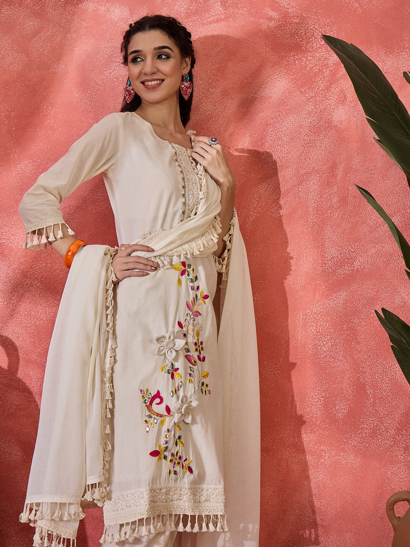 Off White Embroidered Pure Cotton Straight Kurta With Trouser & Dupatta