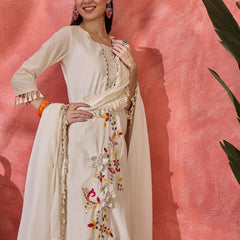 Off White Embroidered Pure Cotton Straight Kurta With Trouser & Dupatta