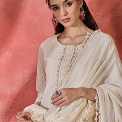 Off White Embroidered Pure Cotton Straight Kurta With Trouser & Dupatta