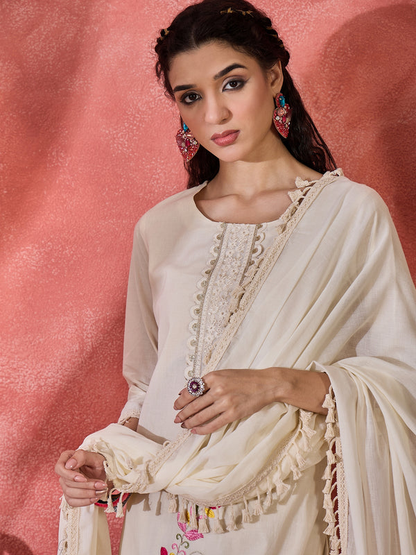 Off White Embroidered Pure Cotton Straight Kurta With Trouser & Dupatta