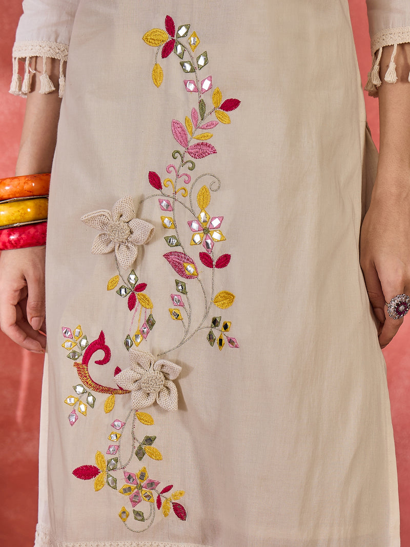Off White Embroidered Pure Cotton Straight Kurta With Trouser & Dupatta