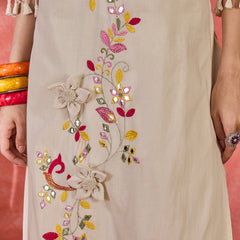 Off White Embroidered Pure Cotton Straight Kurta With Trouser & Dupatta