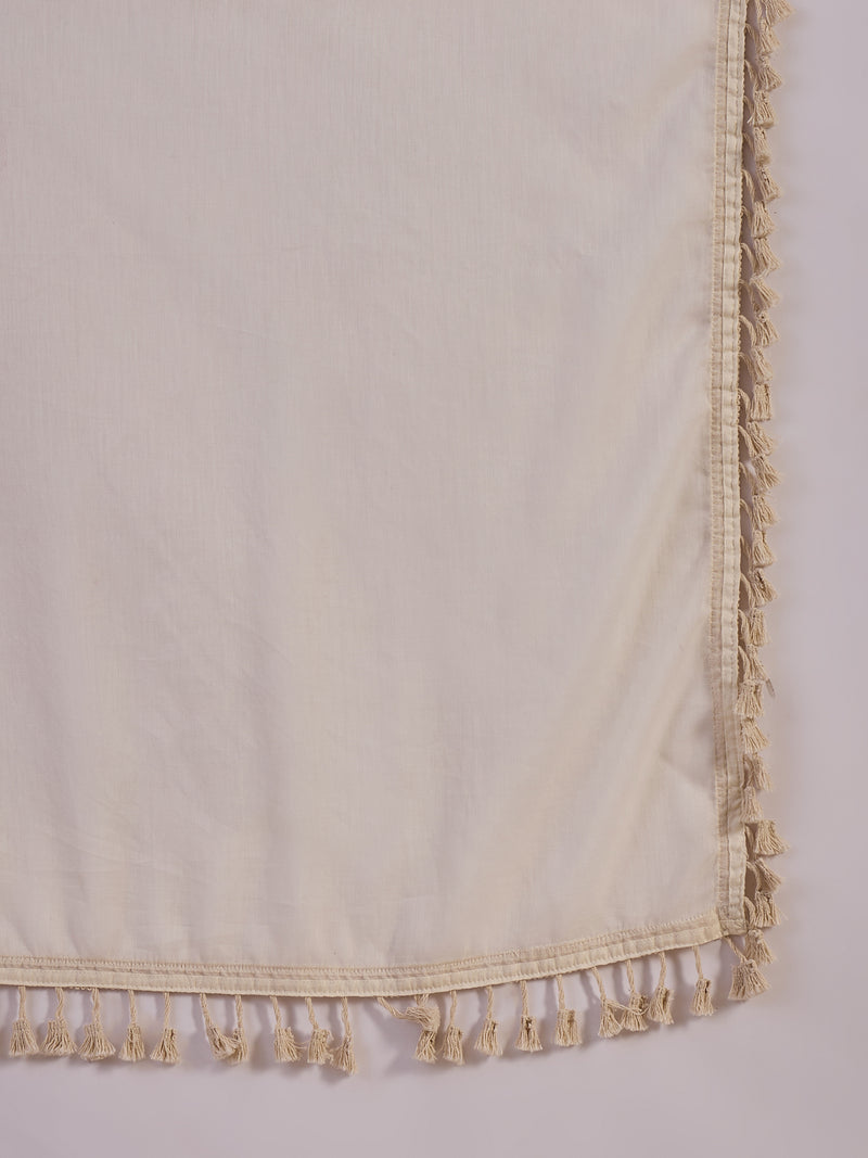 Off White Embroidered Pure Cotton Straight Kurta With Trouser & Dupatta