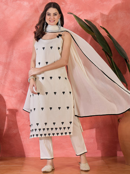 Off WhiteEmbroidered Shoulder Straps Straight Kurta With Trousers & Dupatta