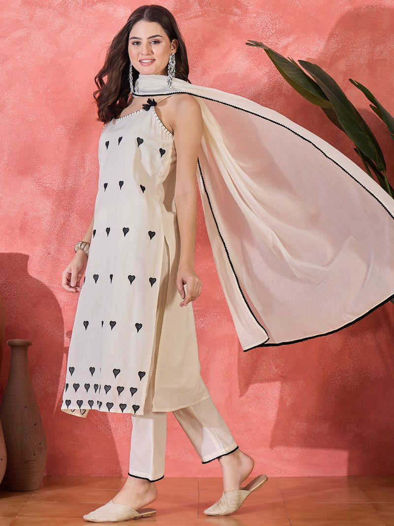 Embroidered Shoulder Straps Straight Kurta With Trousers & Dupatta