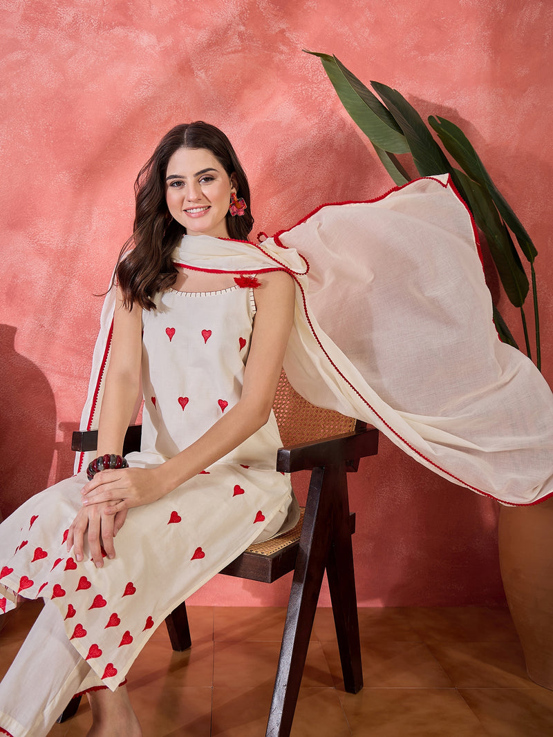Embroidered Shoulder Straps Straight Kurta With Trousers & Dupatta
