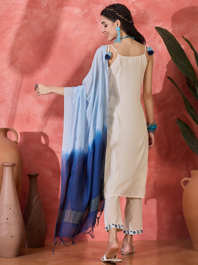 Pure Cotton Shoulder Straps Straight Kurta With Trousers & Dupatta