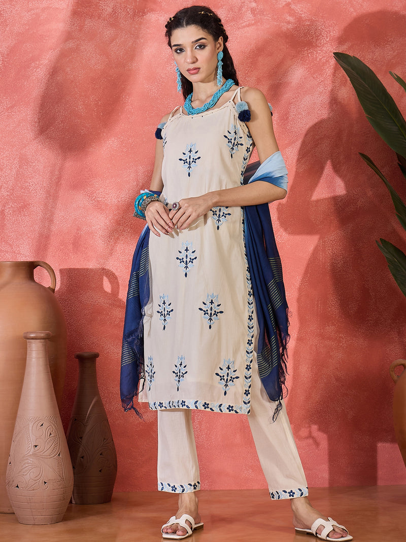 Pure Cotton Shoulder Straps Straight Kurta With Trousers & Dupatta