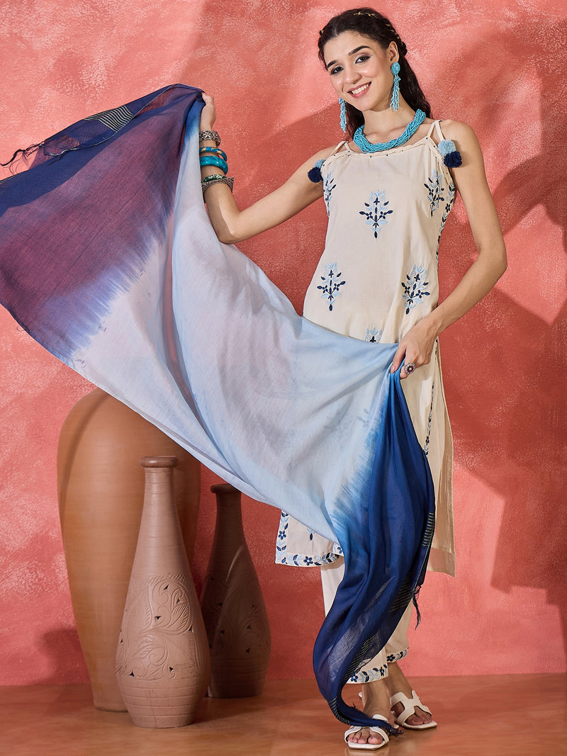 Pure Cotton Shoulder Straps Straight Kurta With Trousers & Dupatta