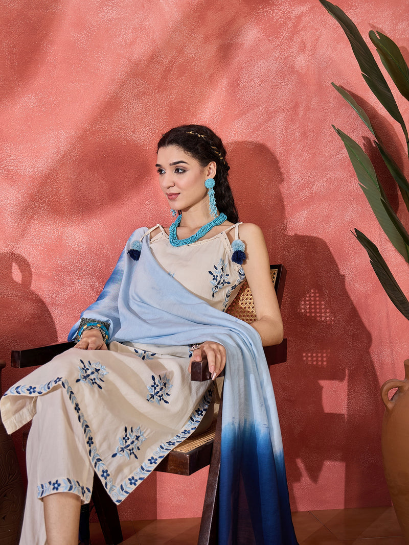Pure Cotton Shoulder Straps Straight Kurta With Trousers & Dupatta