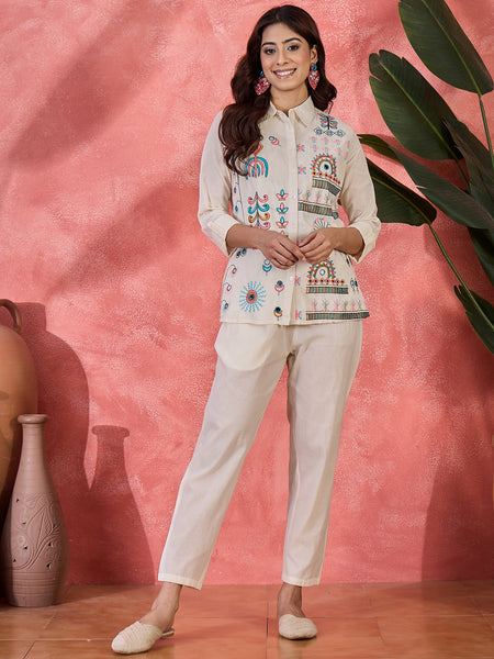 Pure Cotton Embroidered Shirt With Oant Co-Ords Set