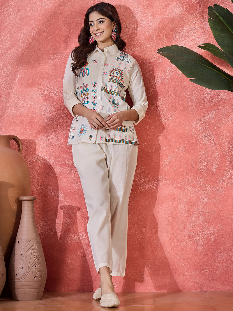 Pure Cotton Embroidered Shirt With Oant Co-Ords Set