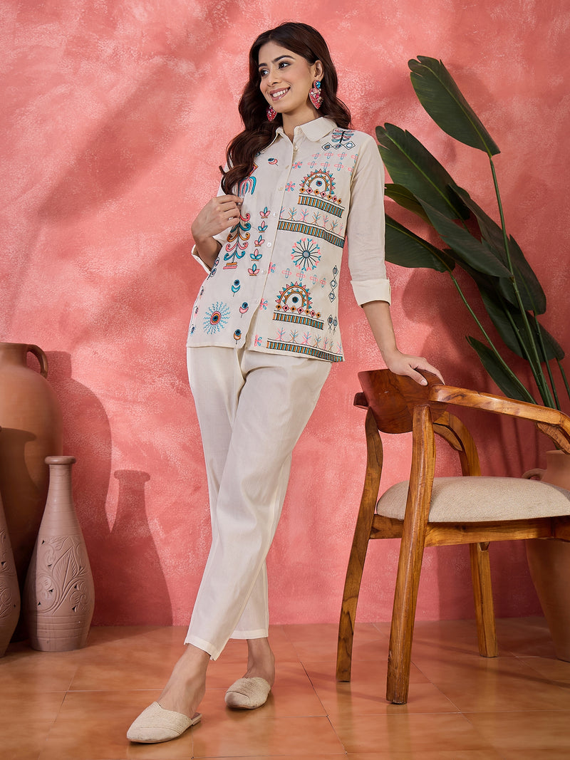 Pure Cotton Embroidered Shirt With Oant Co-Ords Set