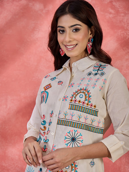 Pure Cotton Embroidered Shirt With Oant Co-Ords Set