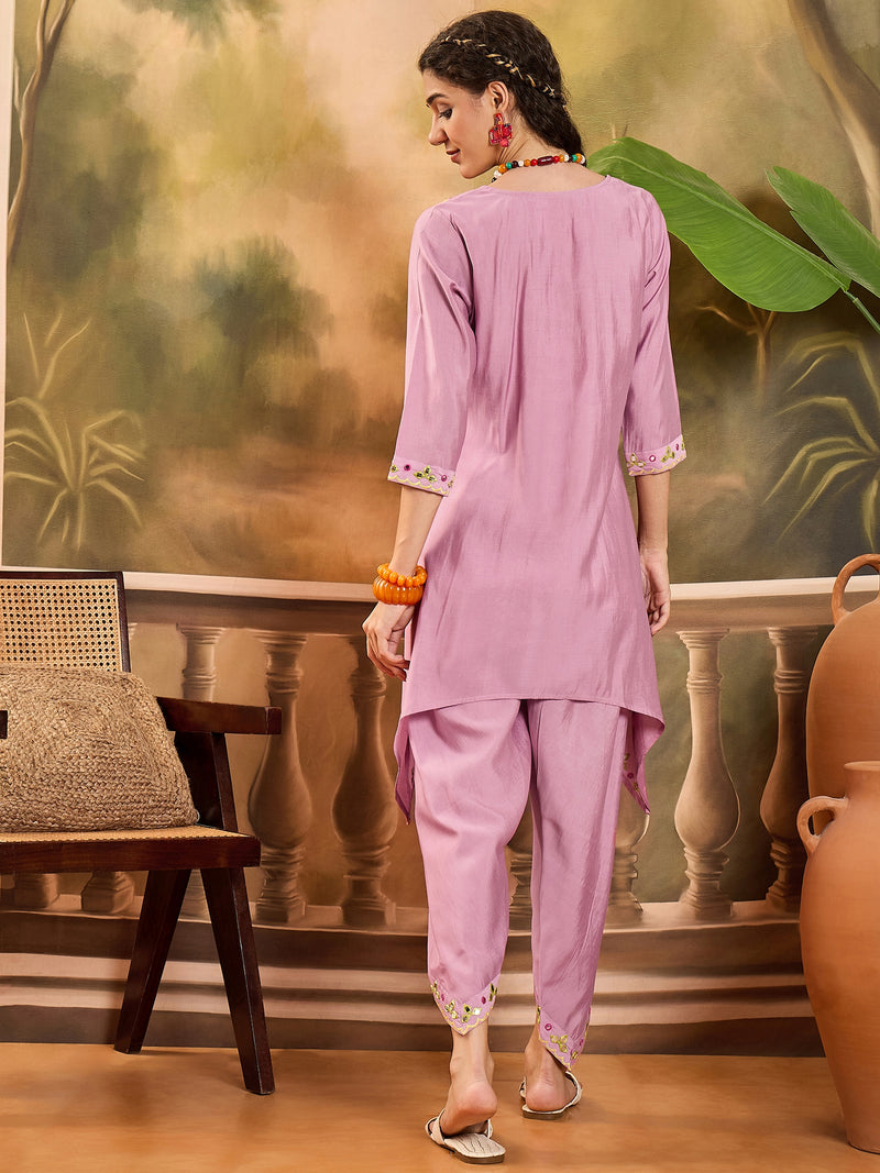 Floral Embroidered V-Neck Tunic With Dhoti Pant Co-Ords Set