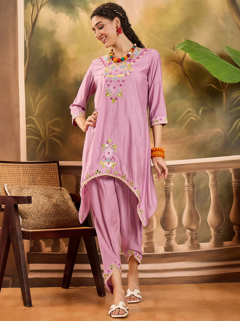 Floral Embroidered V-Neck Tunic With Dhoti Pant Co-Ords Set