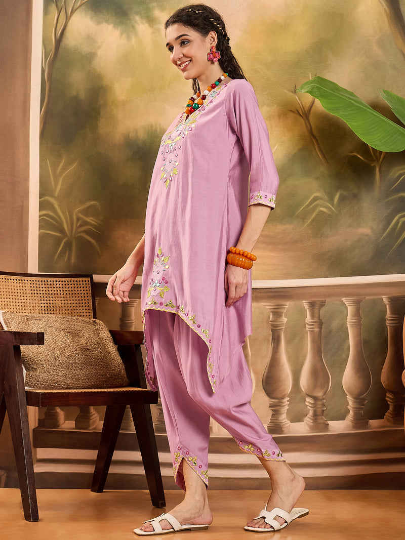 Floral Embroidered V-Neck Tunic With Dhoti Pant Co-Ords Set