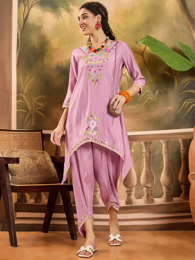 Lilac Floral Embroidered V-Neck Tunic With Dhoti Pant Co-Ords Set