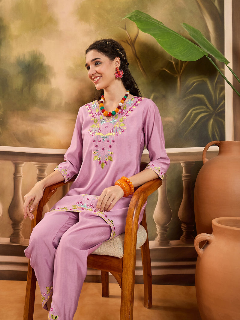 Floral Embroidered V-Neck Tunic With Dhoti Pant Co-Ords Set