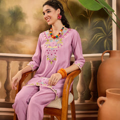 Floral Embroidered V-Neck Tunic With Dhoti Pant Co-Ords Set