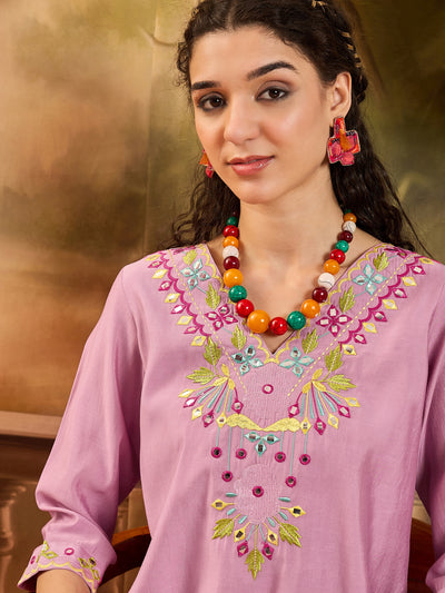 Lilac Floral Embroidered V-Neck Tunic With Dhoti Pant Co-Ords Set