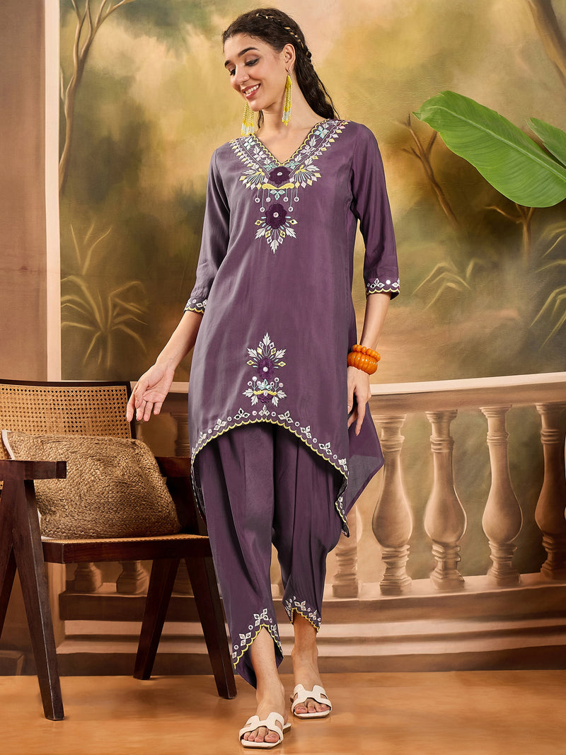 Floral Embroidered V-Neck Tunic With Dhoti Pant Co-Ords Set