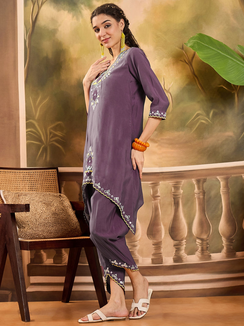 Floral Embroidered V-Neck Tunic With Dhoti Pant Co-Ords Set