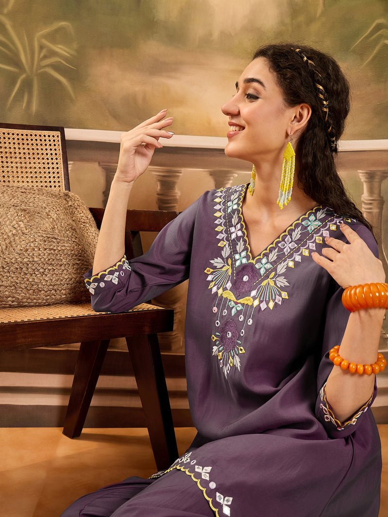 Floral Embroidered V-Neck Tunic With Dhoti Pant Co-Ords Set
