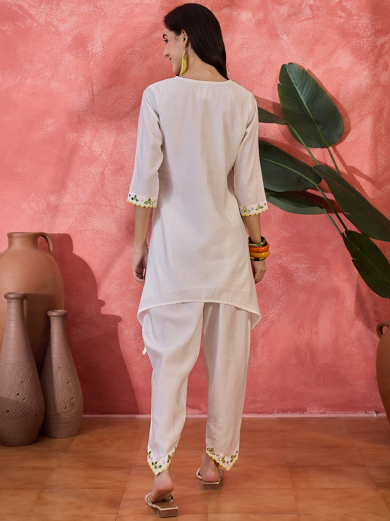 Floral Embroidered V-Neck Tunic With Dhoti Pant Co-Ords Set